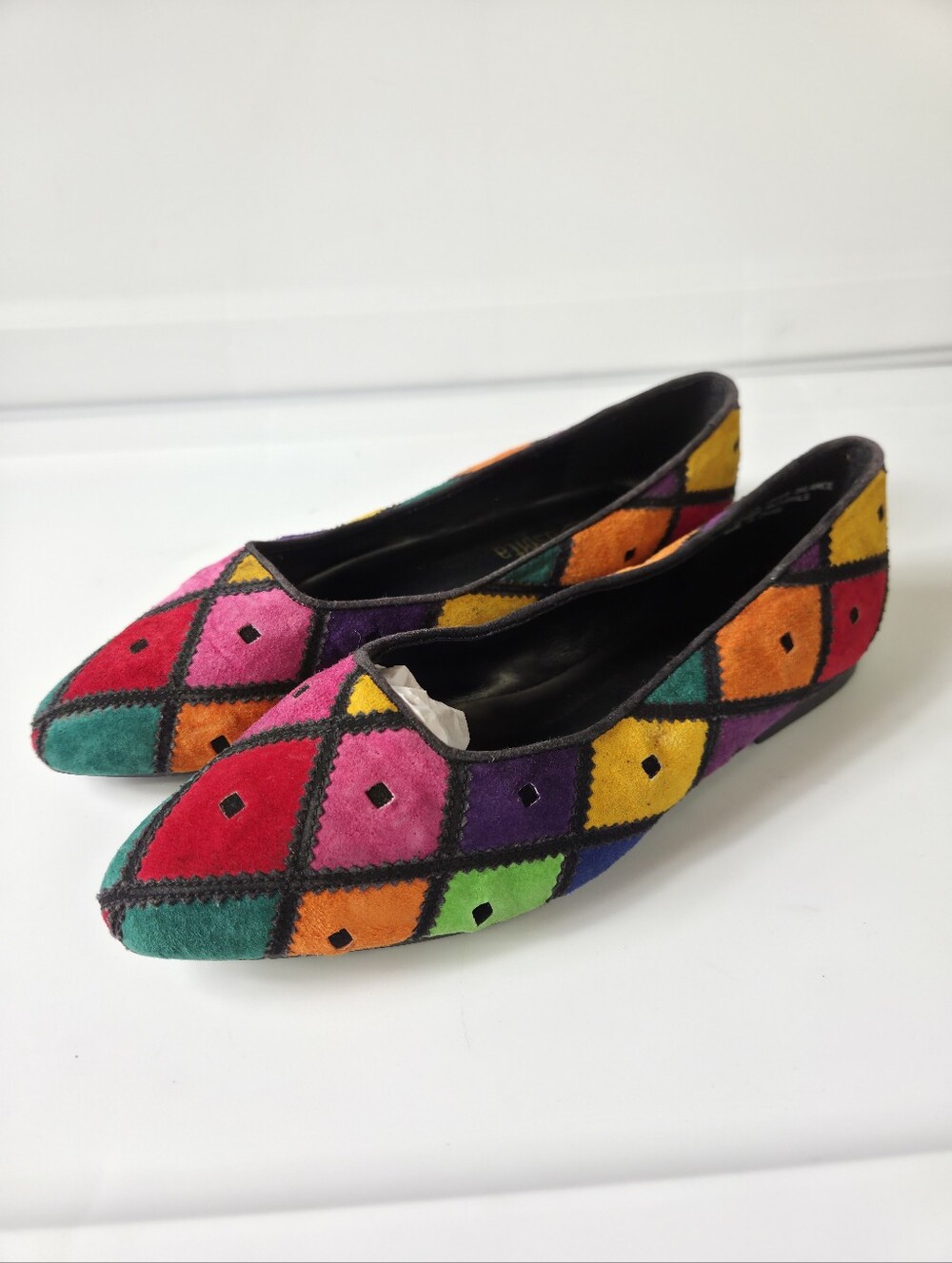 Vintage Caspita Multicolor Diamond Genuine Suede Patchwork Pointed Toe Flats 7